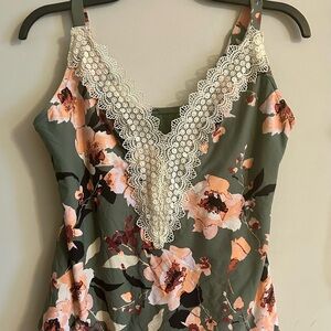 Aqua Green Floral Lace Trim Swimsuit Tank Size XL